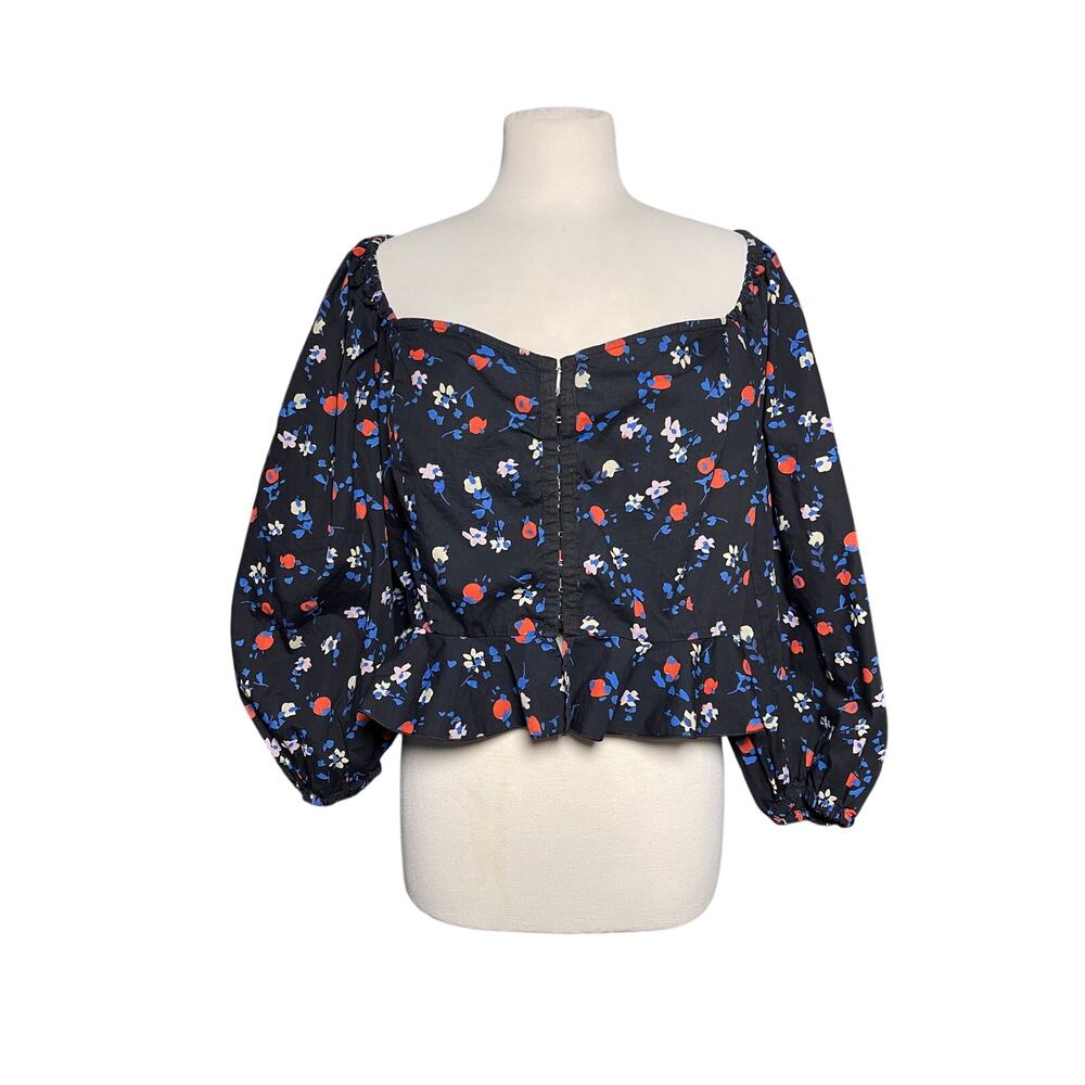 COLLUSION X Women’s Boho Peasant Black Floral Corset Style Top